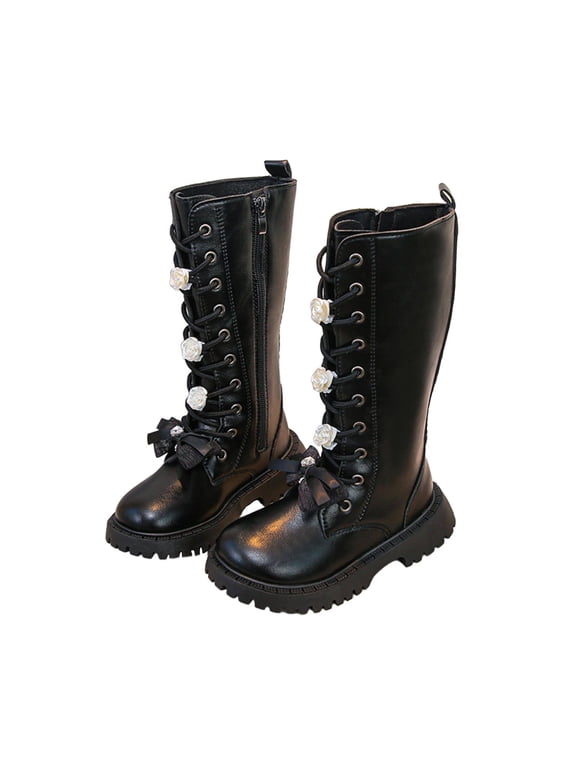 Girls Knee High Fashion Boot Zip Up Boot Fall and Winter Zipper High-Top Leather Boots Winter Snow Boots for Kids Black 12(30)
