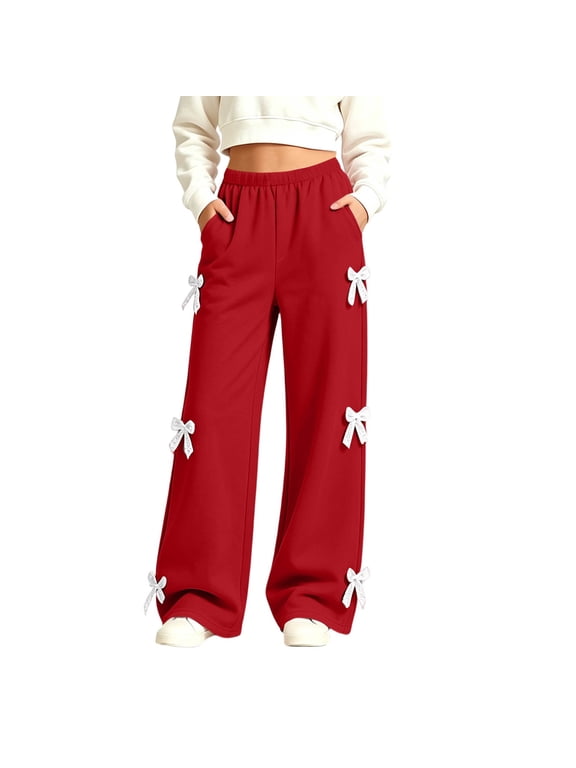 Girls Lace Bow Wide Leg Pants Fleece Sweatpants with Pockets Red 9-10 Years