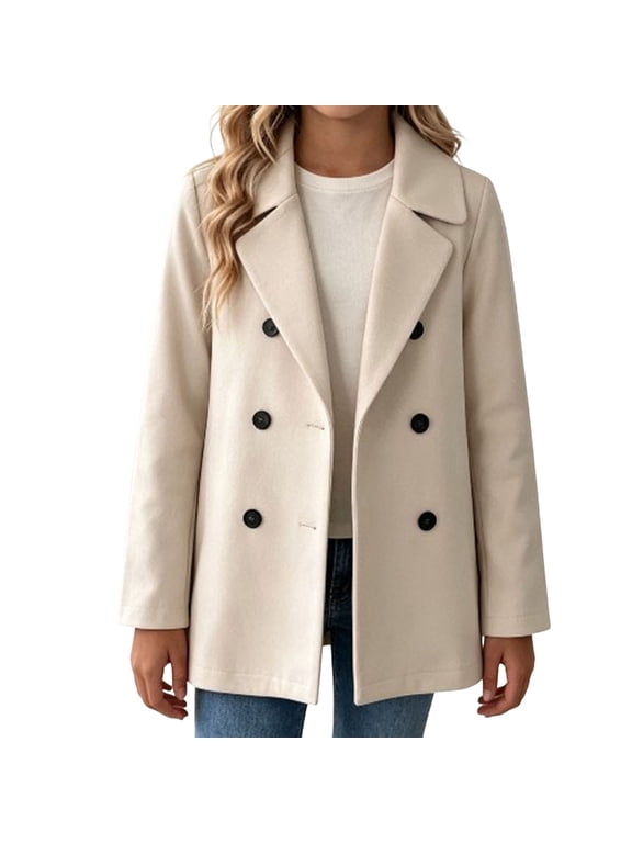 Girls Lapel Collar Peacoat Solid Button Front Long Sleeve Mid Length Outerwear Casual Jacket for Kids Beige 15-16 Years