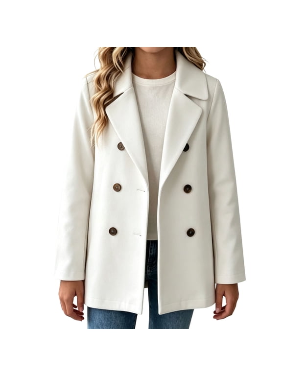 Girls Lapel Collar Peacoat Solid Button Front Long Sleeve Mid Length Outerwear Casual Jacket for Kids White 15-16 Years