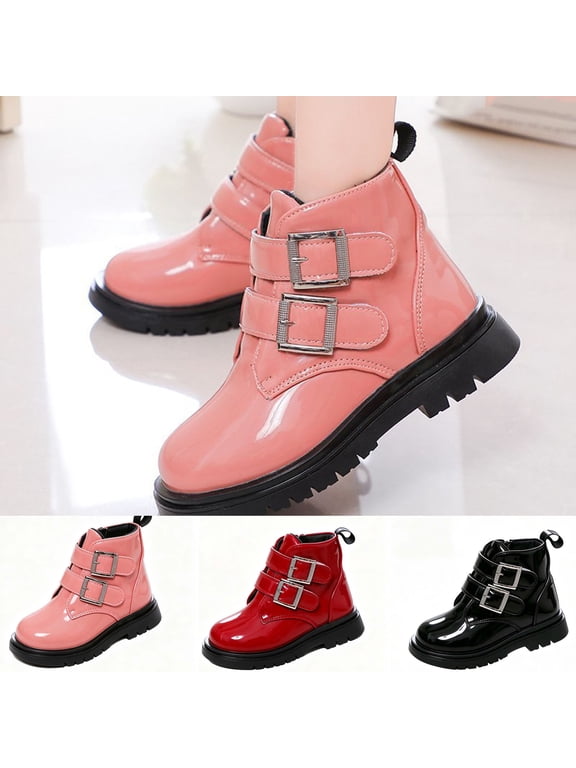 Girls Leather Ankle Martin Boots Double Buckle Strap Design Solid Color British Style Short Booties Non-Slip Soft Sole Fashion Boots for Fall Winter