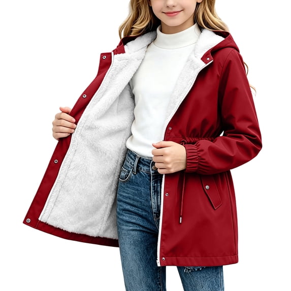 Puntoco Girls Long Rain Jacket Waterproof with Hood Lightweight Windbreaker Raincoat Plus Size Travel Camping Outdoor Coat Red 4-5 Years
