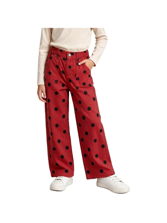 Girls Polka Dot Straight Leg Pants Elastic Waist Casual Trousers Red 14-15 Years