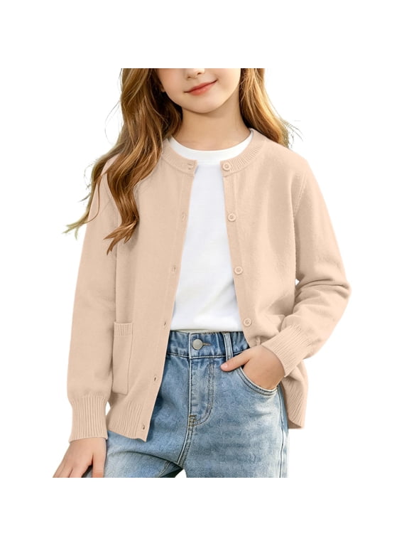 Girls Preppy Knit Cardigan Button-Up Sweater Coat with Pockets Beige 140(140)