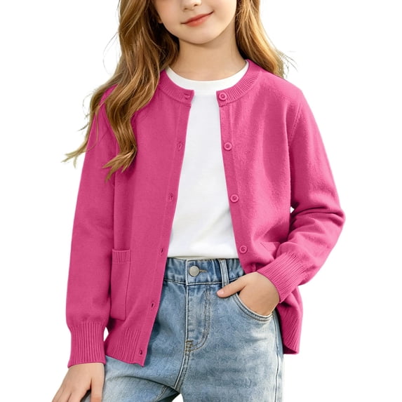 Puntoco Girls Preppy Knit Cardigan Button-Up Sweater Coat with Pockets Hot Pink 170(14-15 Years)