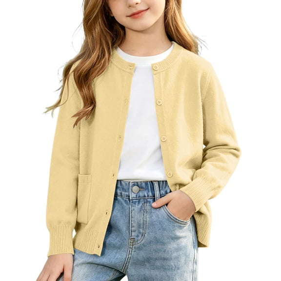 Puntoco Girls Preppy Knit Cardigan Button-Up Sweater Coat with Pockets Yellow 170(14-15 Years)