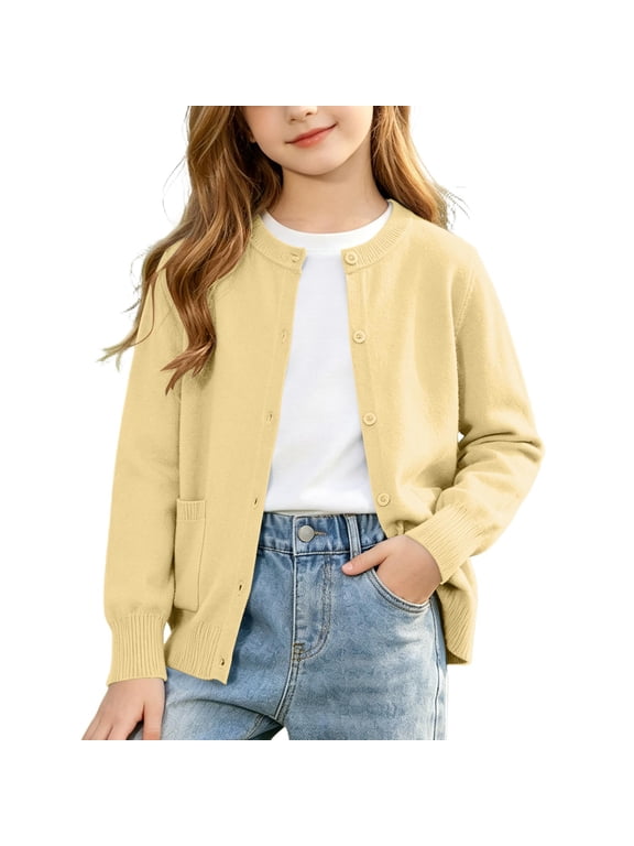 Girls Preppy Knit Cardigan Button-Up Sweater Coat with Pockets Yellow 170(14-15 Years)
