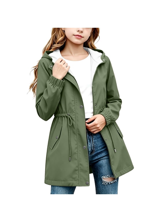 Girls Softshell Jacket, Hooded Water Resistant Windbreaker Outdoor Coat Army Green 5 Years