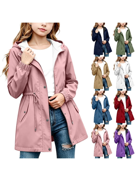 Girls Softshell Jacket, Hooded Water Resistant Windbreaker Outdoor Coat White 15 Years