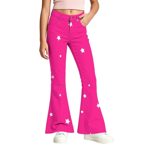 Puntoco Girls Star Print Flare Pants Button Zip Bootcut Trousers with ...