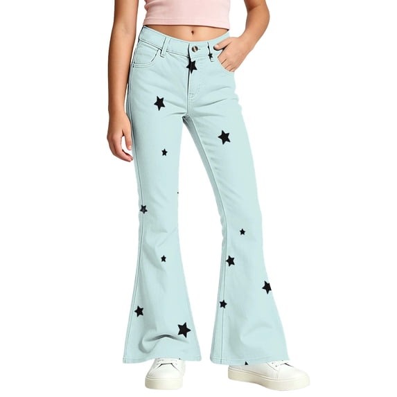 Puntoco Girls Star Print Flare Pants Button Zip Bootcut Trousers with ...