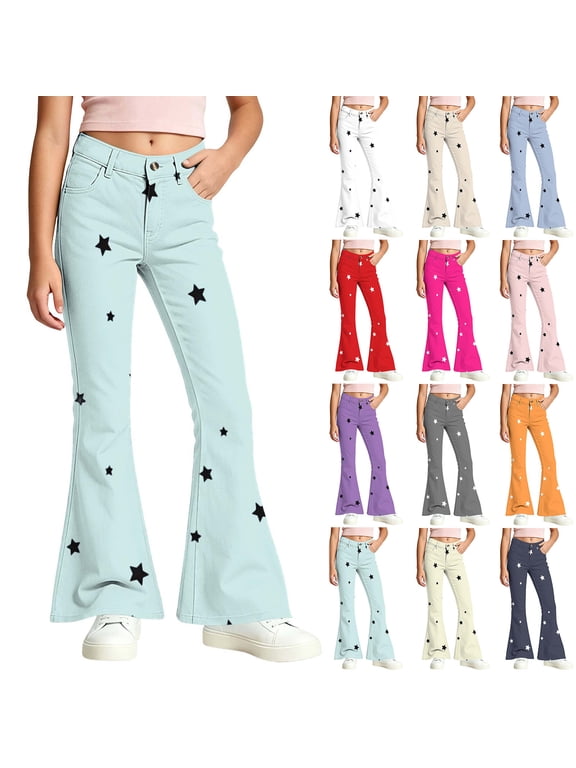 Girls Star Print Flare Pants Button Zipper Bootcut Trousers with Pockets White-A