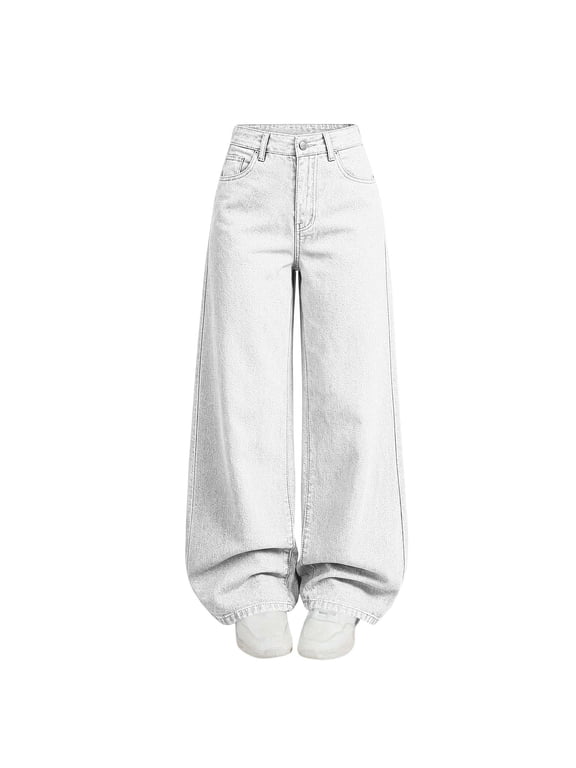 Girls Wide Leg Pants High Stretchy Twill Faux Denim Trousers with Pockets White