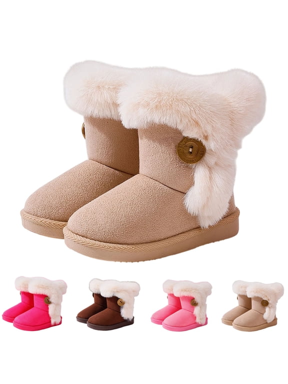 Girls Winter Snow Boots Lined Warm Kids Mid Calf Boots, Non-Slip Soft Sole Button Decor Cold Weather Shoes