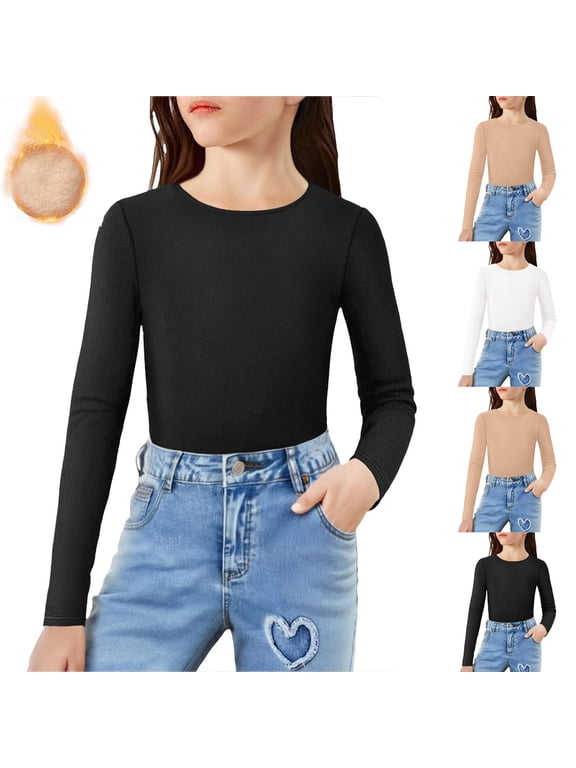 Girls thermal Top Crew Neck Long Sleeve Warm Fleece-Lined Fall Layer Top White 14-15Years