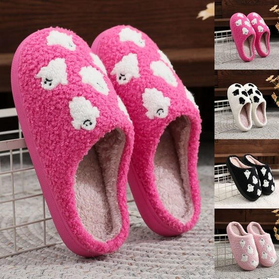 Puntoco Halloween Slippers for Women Men Retro Memory Foam Plush Fluffy Warm Ghost Fuzzy Slippers Holiday Slip-on Indoor Outdoor House Shoes White 10(44)
