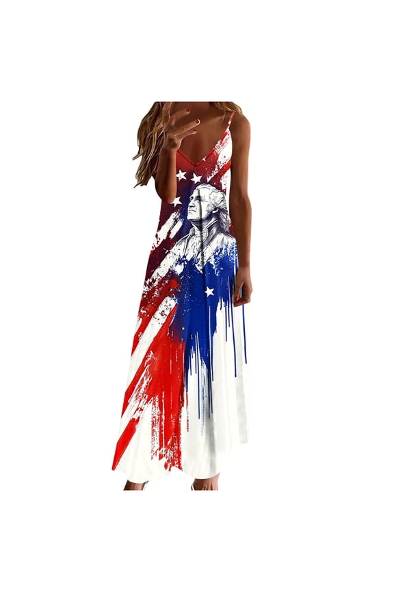 Independence Day Summer Dresses for Women Short Sleeve Elegant Sleeveless Patriotic American Flag Maxi Dress Multicolor-A S(S)