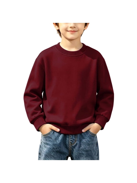 Kids Basic Crewneck Sweatshirt Winter Fleece Long Sleeve Oversized Pullover Tops for Boys Girls School Daily Casual Hoodless Red 14-15 Years(14-15 Years)