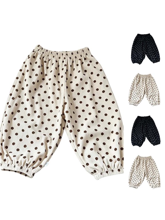Kids Corduroy Pants Polka Dot Fleece Lined Elastic Waist Trousers with Pockets Black