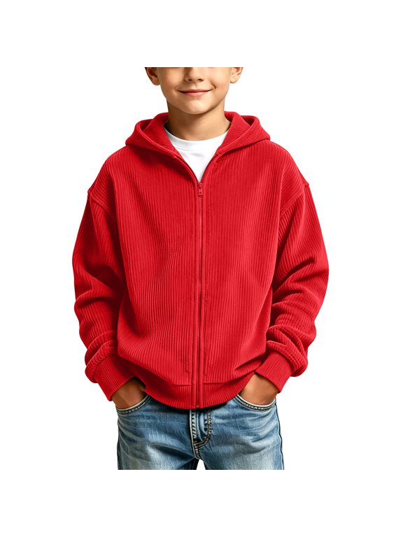 Kids Corduroy Zip-Up Hoodie Casual Jacket Sweatshirt Outerwear Red 13-14 Years