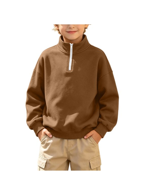Kids Half-Zip Pullover High Neck Fleece Sweatshirt Top Coffee 5 Years