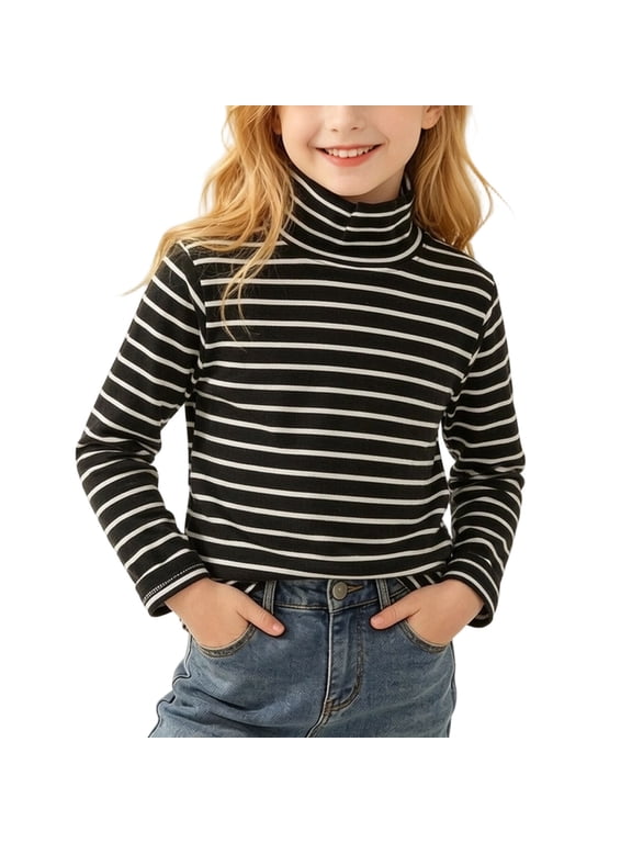 Kids High Neck Stripe thermal Top Long Sleeve Crewneck Layering Shirt White 1-2Years