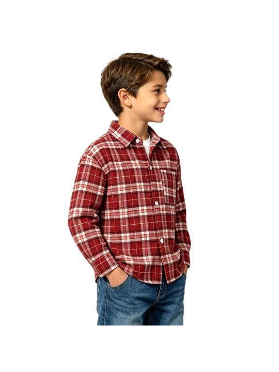 Kids Plaid Button Down Shirt, Long Sleeve Flannel with Chest Pocket Red 14-15Years