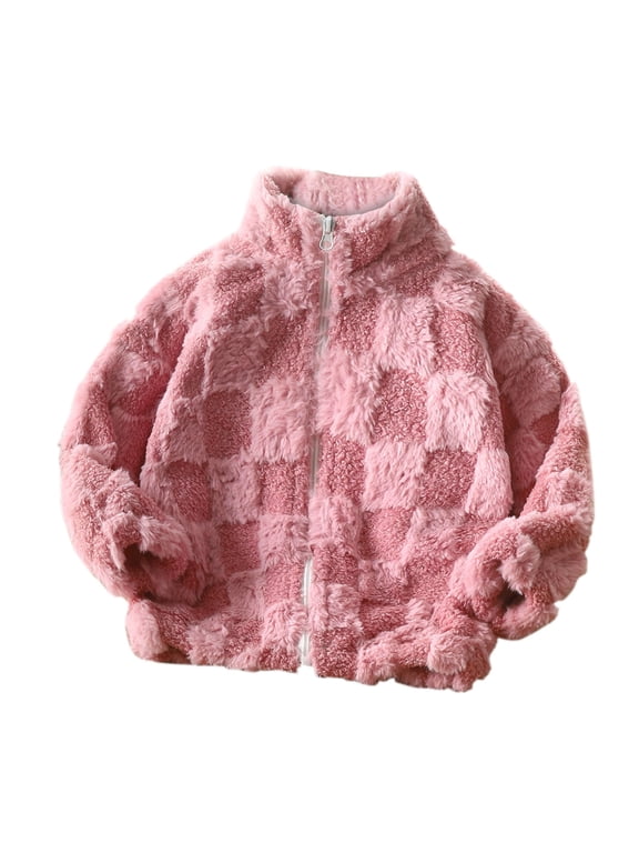 Kids Plaid Fleece Lined Jacket Stand Collar Zip-Up Warm Winter Coat Pink 2 Years(2-3 Years)