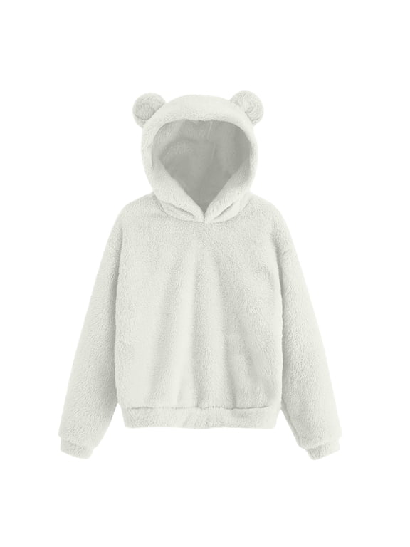 Kids Plush Fleece Hoodie Long Sleeve Pullover Casual Warm Top White 14-15Years