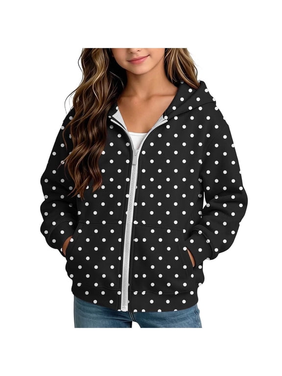 Kids Polka Dot Hoodie Zip-Up Fleece Lined Sweatshirt Jacket Outdoor Coat Black 4-5 Years