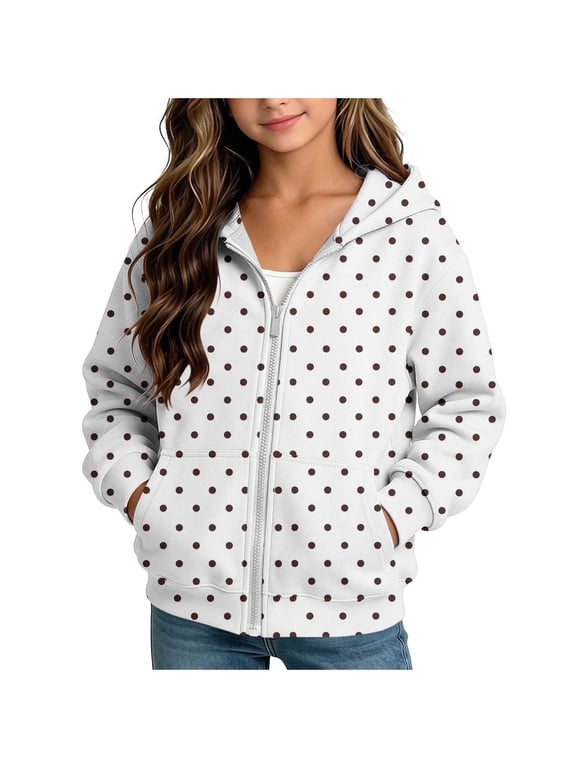 Kids Polka Dot Hoodie Zip-Up Fleece Lined Sweatshirt Jacket Outdoor Coat White 11-12 Years