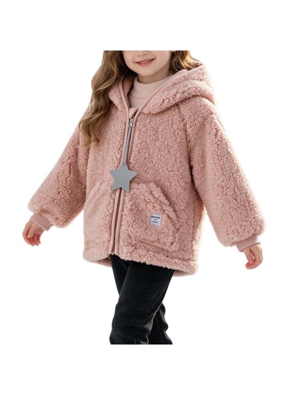 Kids Sherpa Fleece Jacket Hooded Zip-Up Plush Winter Coat Pink 1-2 Years