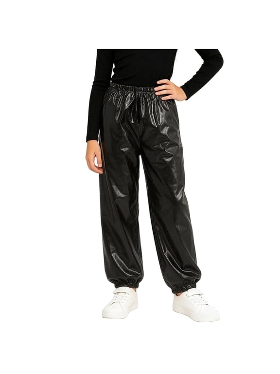 Kids Shiny Metallic Jogger Pants Hip Hop Dance Performance Cargo Pants for Boys Girls Black