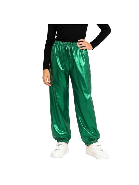Kids Shiny Metallic Jogger Pants Hip Hop Dance Performance Cargo Pants for Boys Girls Green