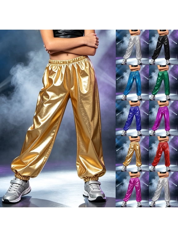 Kids Shiny Metallic Jogger Pants Hip Hop Dance Performance Cargo Pants for Boys Girls Silver