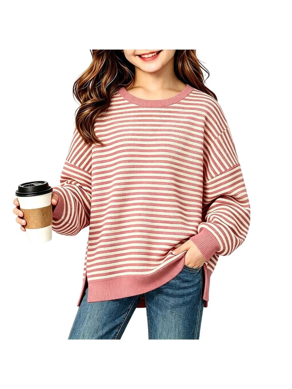 Kids Striped Knit Sweatshirt Crewneck Drop Shoulder Ribbed Long Sleeve Top Pink 5-6 Years