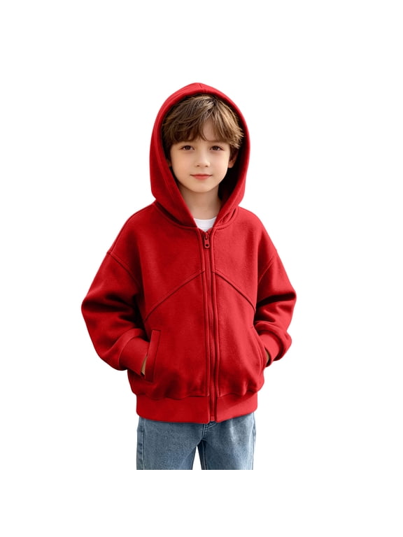 Kids Zip-Up Hoodie Fleece Lined Sweatshirt with Pocket Red 15 Years