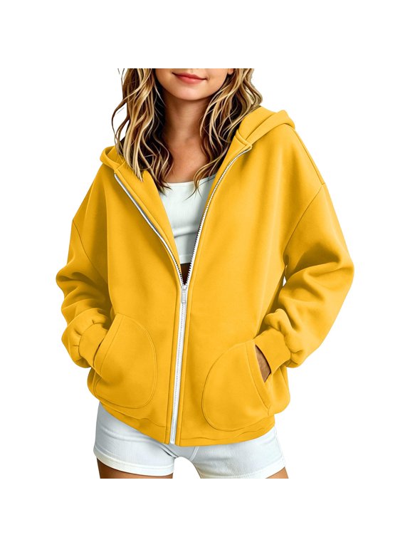 Kids Zip-Up Hoodie Fleece Lined Sweatshirt with Pocket Yellow 15 Years