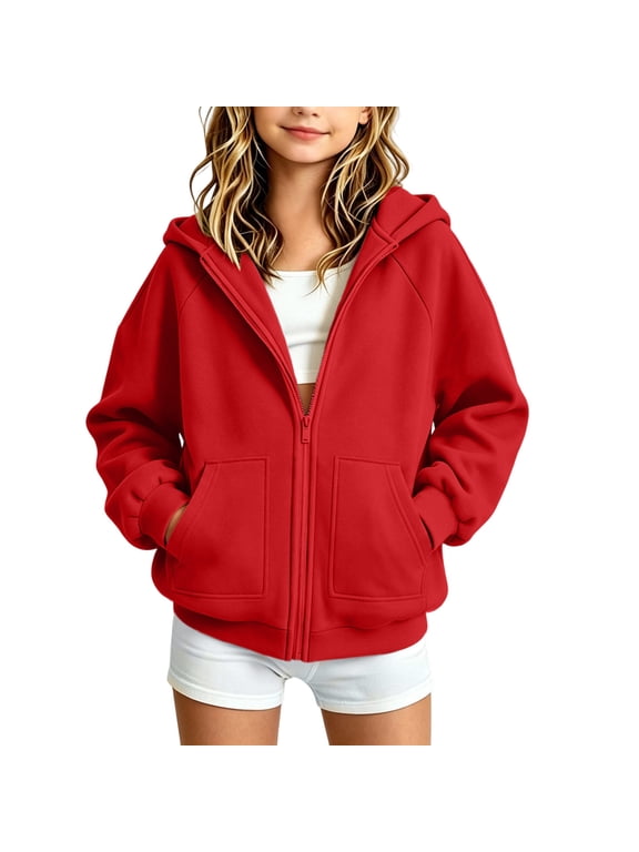Kids Zip up Hoodies Long Sleeve Fleece-lined Casual School Fall Outerwear with Pockets Red 15 Years