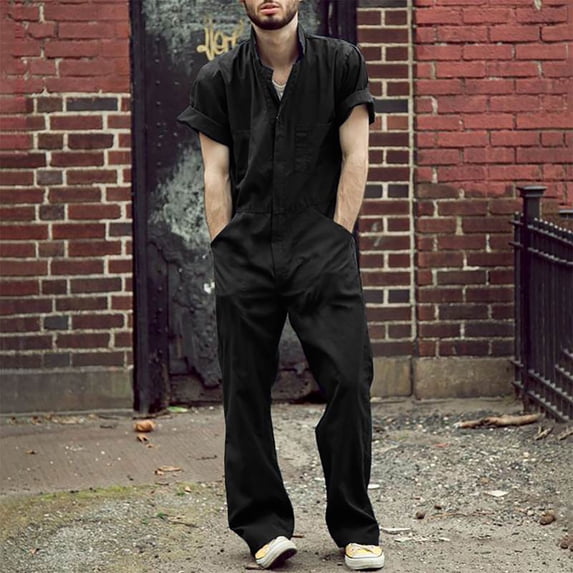 Puntoco Ladies Jumpsuit Clearance Men'S Zipper Overalls with Lapel Solid Color Jumpsuit Black 10(XL)