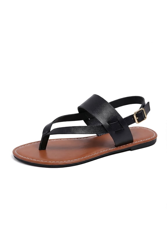 Laws Womens Sandals, Strappy Vegan Leather Slides for Women with Comfortable Flat Sole and Toe Ring Black 6(37)