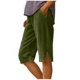 thumbnail image 1 of Puntoco Linen Capri Pants Women Spring Summer Casual Beach Side Button Elastic Waist Wide Leg Cropped Pants Army Green L(L), 1 of 7