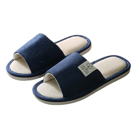 Puntoco Linen Fabric Slippers Indoor House Slippers, All-Season Comfortable Breathable Non-Slip Silent Home Slippers Dark Blue 44-45