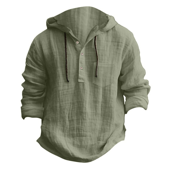Puntoco Linen Shirts for Men Lightweight Button Up Long Sleeve Shirts with Hood Loose Fit Breathable Boho Beach Linen Hoodie Army Green L(L)