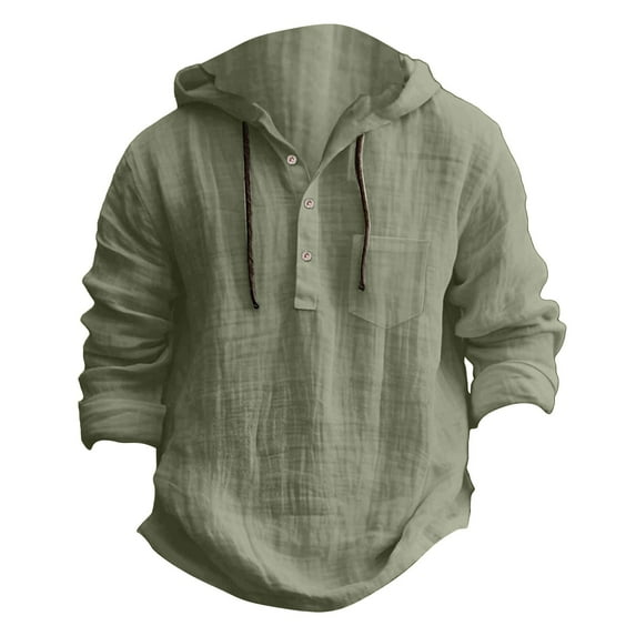 Puntoco Linen Shirts for Men Lightweight Button Up Long Sleeve Shirts with Hood Loose Fit Breathable Boho Beach Linen Hoodie Army Green XXXL(XXXL)