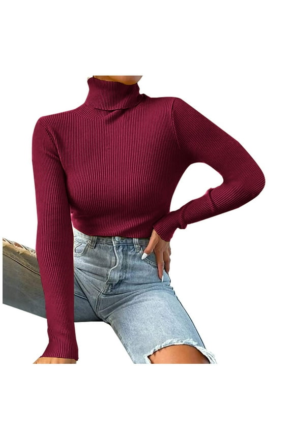 Long sleeve tops for women Clearance Women Solid Long Sleeve Pullove Turtleneck-Neck Sweater Tops Wine 4(S)