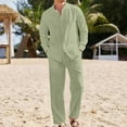 thumbnail image 1 of Puntoco Men 2 Piece Linen Set Outfits Drawstring Long Pants Button Down Roll Up Sleeve Shirts Beach Wedding Suit Sets Green S(S), 1 of 8