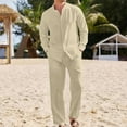 thumbnail image 1 of Puntoco Men 2 Piece Linen Set Outfits Drawstring Long Pants Button Down Roll Up Sleeve Shirts Beach Wedding Suit Sets Khaki L(L), 1 of 8