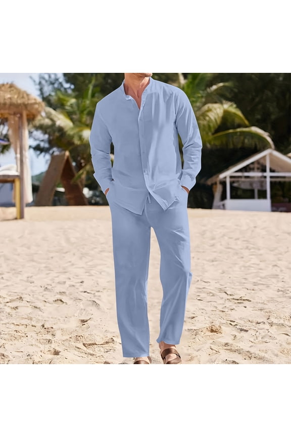 Men 2 Piece Linen Set Outfits Drawstring Long Pants Button Down Roll Up Sleeve Shirts Beach Wedding Suit Sets Light Blue L(L)