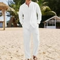thumbnail image 1 of Puntoco Men 2 Piece Linen Set Outfits Drawstring Long Pants Button Down Roll Up Sleeve Shirts Beach Wedding Suit Sets White L(L), 1 of 8